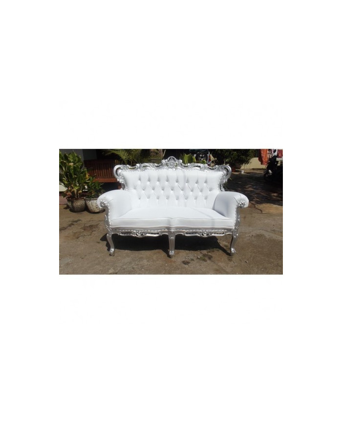 Sofa de style en bois argenté et simili blanc modèle Prince 2 places