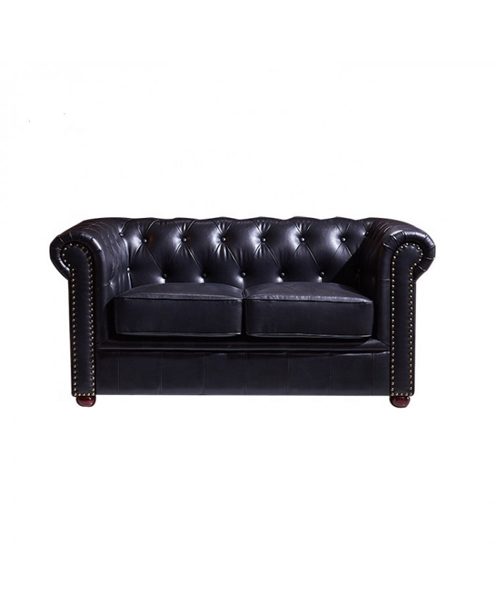 Canapé chesterifleld 2 places en cuir noir capitonné