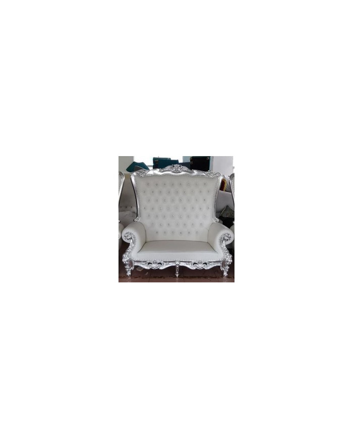 Trône de mariage 2 places bois argent et simili cuir blanc