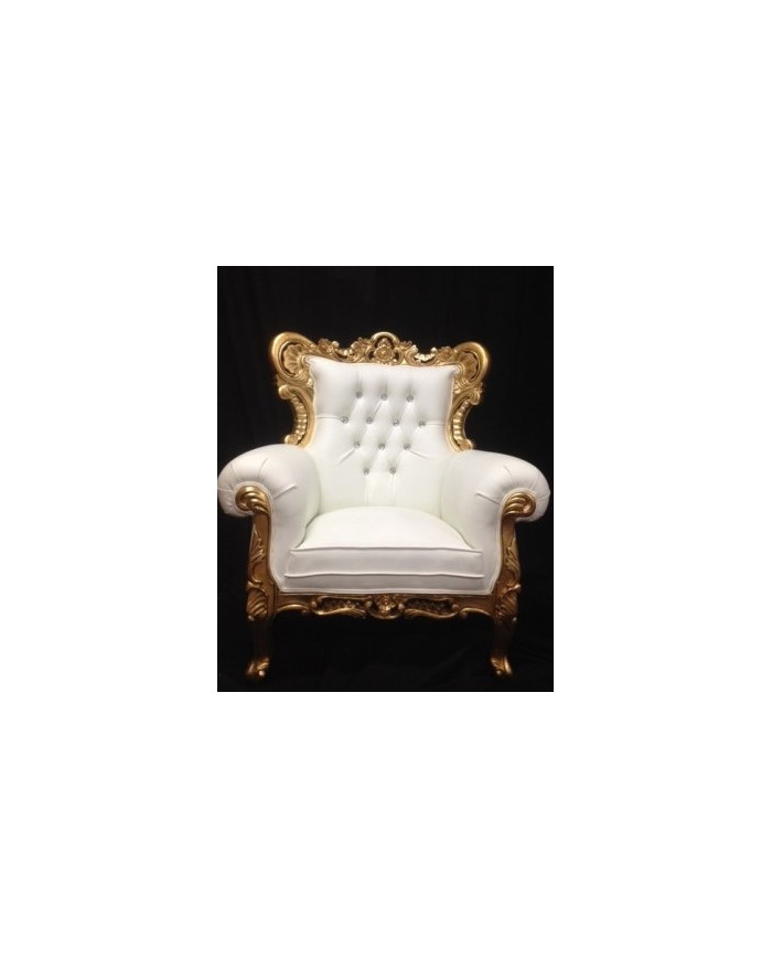 Fauteuil baroque sculpté bois doré et simili capitonné blanc